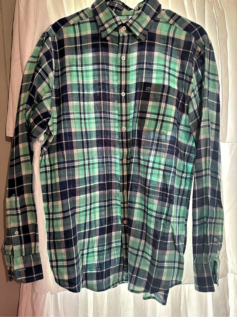 Southern Tide Classic Fit Plaid Cotton Shirt in Green & Blue Size Medium Like